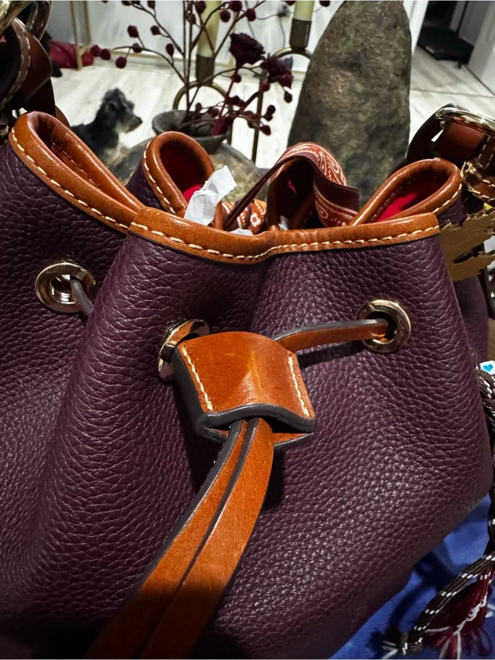Dooney & Bourke Plum Pebbled Leather Drawstring Hobo with Tan Trim